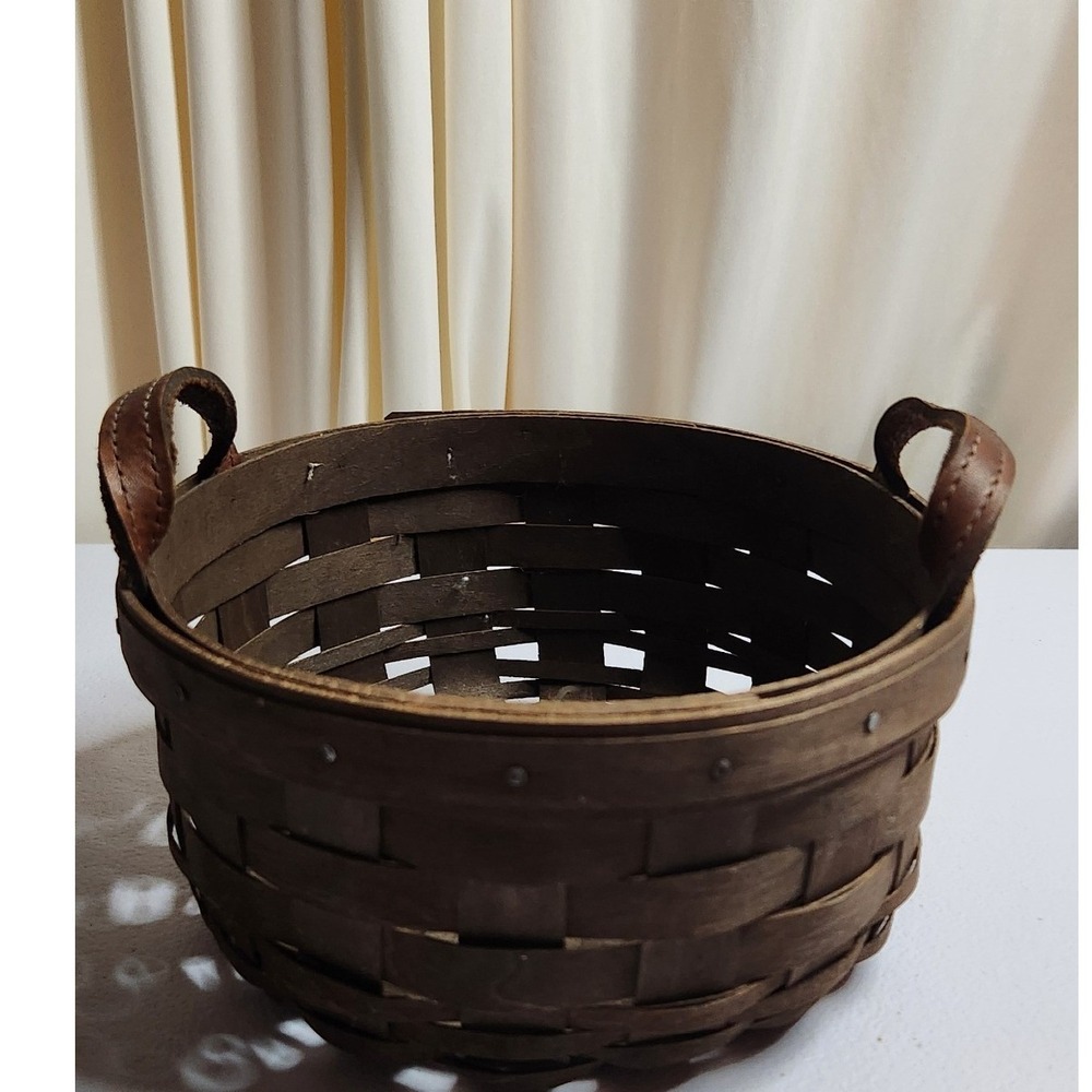 Longaberger Handmade Woven Wood Basket Leather Handles